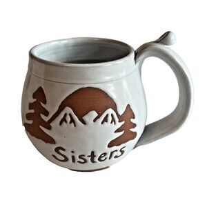 Sisters Oregon Coffee Mug White Brown Art Pottery Pam Mac McNerney Hand Thrown